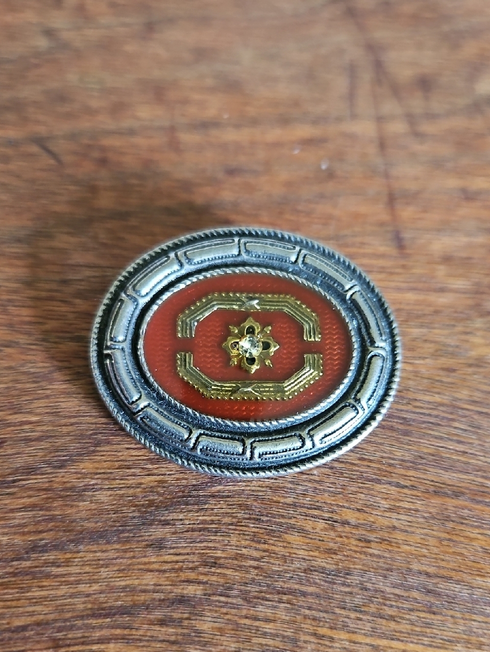 Vintage Oval Metal Brooch with Red Enamel and Gold Detail